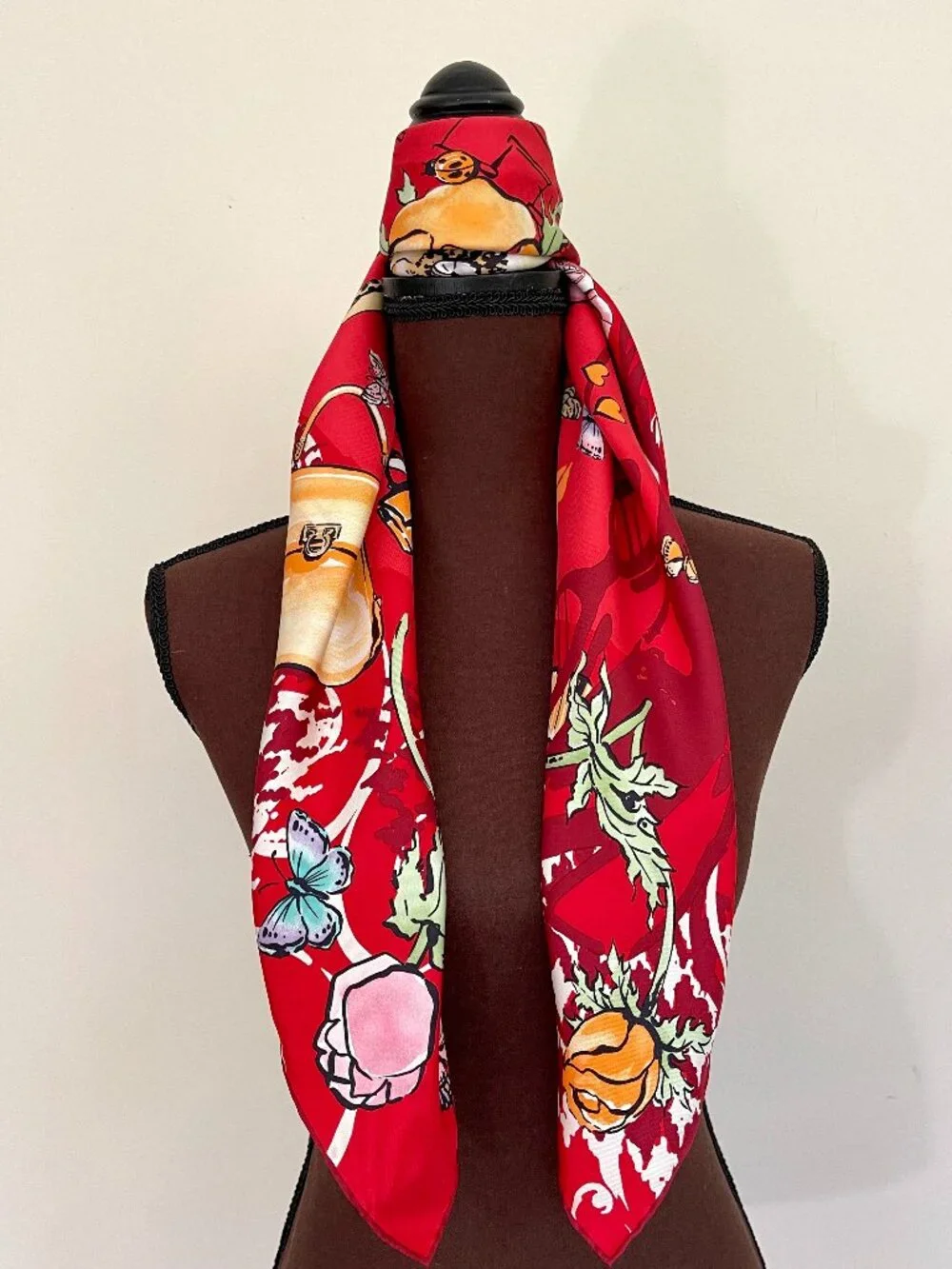 New Salvatore Ferragamo Icone Red Multicolor Silk Scarf
